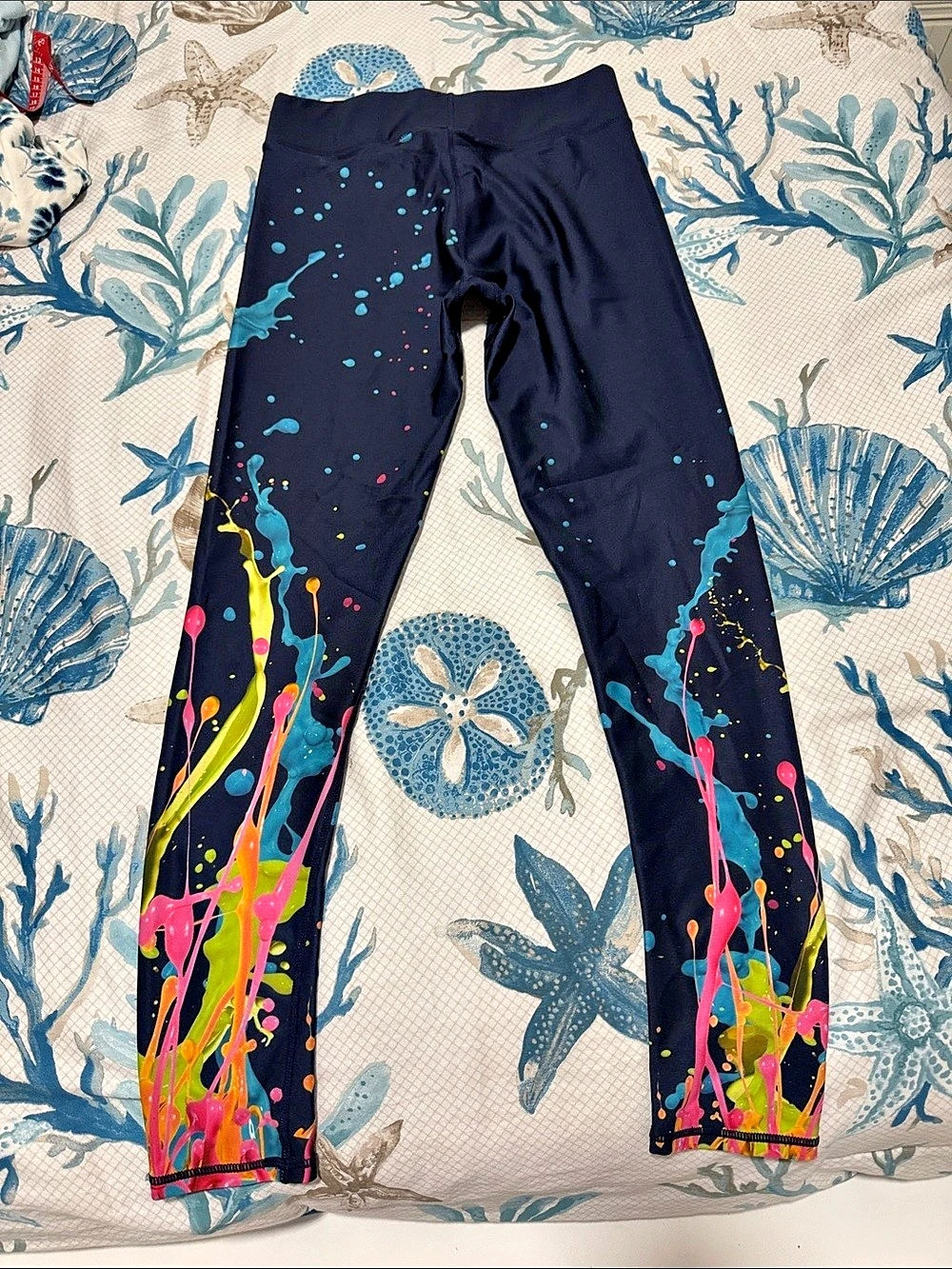Terez Paint Splatter Leggings Abstract Print Blue & Pink Medium